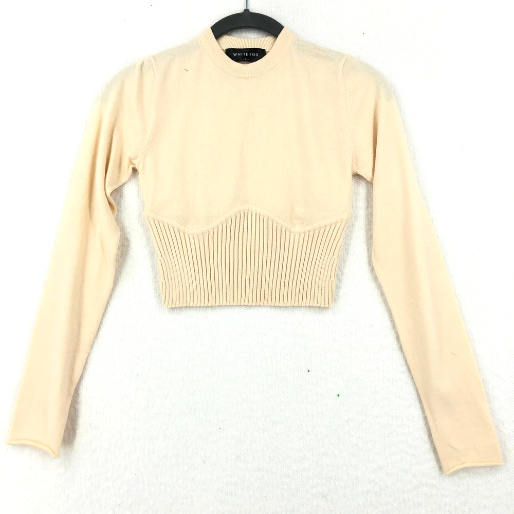 WHITE FOX Womens S Cream Cropped Sweater Take Me Higher Ribbed Long Sleeve Top